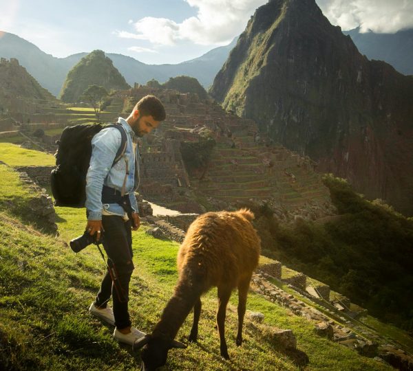Machu Picchu Photo of Man Standing Near Llama
